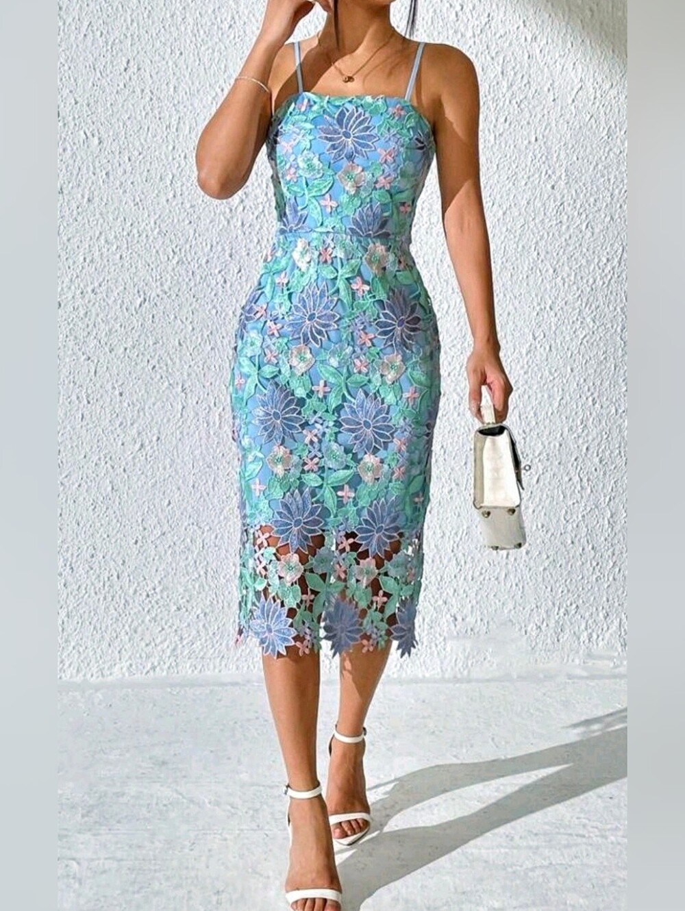 * New Pastel Embroidered Floral Lace Short Knee Cami Dress Green Pink Blue - Picture 3 of 14